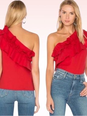 SALONI Red Esme One Shoulder Ruffle Blouse (Sz 6)
